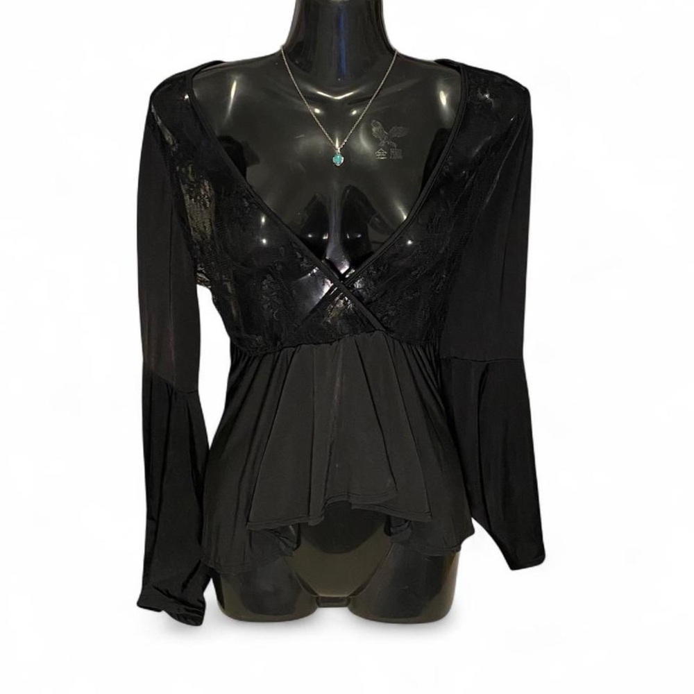 Black Long Sleeve Lace Blouse with Bell Sleeves